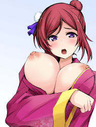 Rule 34 | 1girl, absurdres, artist request, blush, breasts, breasts out, commission, highres, long hair, looking at viewer, love live!, love live! school idol project, nipples, nishikino maki, open mouth, pixiv commission, purple eyes, red hair, solo