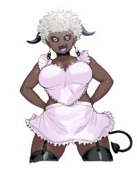 Rule 34 | 1girl, apron, black sclera, black thighhighs, breasts, choker, cleavage, collarbone, colored sclera, dark-skinned female, dark skin, demon tail, earrings, elf-san wa yaserarenai., fang, garter straps, goat eyes, hands on own hips, highres, horns, jewelry, naked apron, open mouth, pentagram, satero (elf-san wa yaserarenai.), short hair, simple background, smile, solo, synecdoche, tail, thighhighs, thighs, white background, white hair