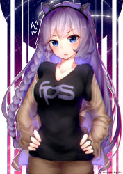 Rule 34 | 1girl, absurdres, animal ears, black shirt, blouse, blush, braid, breasts, cat ears, chromatic aberration, cleavage, clothes writing, gradient background, hands on own hips, highres, long hair, looking at viewer, nero jeevas, original, purple hair, shirt, short shorts, shorts, solo, standing, striped, striped background, v-neck, very long hair, yuzas