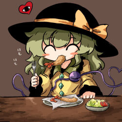 Rule 34 | 1girl, ^ ^, black hat, blouse, blush stickers, bow, brown background, buttons, closed eyes, diamond button, eating, eyeball, food, fork, frilled shirt collar, frilled sleeves, frills, green hair, hand on table, hat, hat bow, hat ribbon, heart, heart of string, heripantomorrow, holding, holding fork, komeiji koishi, long sleeves, medium hair, plate, ribbon, salad, shirt, shrimp, shrimp tempura, simple background, smile, solo, table, tempura, third eye, touhou, upper body, wavy hair, wide sleeves, wooden table, yellow bow, yellow ribbon, yellow shirt