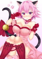 Rule 34 | 1girl, :t, alternate costume, animal ears, bare shoulders, bell, boots, bow, breasts, cat ears, cat tail, choker, cleavage, closed mouth, collarbone, cosplay, detached sleeves, dress, gloves, hand up, heart, heart-shaped lock, invisible chair, jingle bell, kantai collection, knee boots, knees together feet apart, ko yu, large breasts, lock, looking at viewer, mew ichigo, mew ichigo (cosplay), momomiya ichigo, padlock, panties, pantyshot, pink background, pink hair, puffy short sleeves, puffy sleeves, red bow, red eyes, red footwear, red gloves, shiny skin, short hair, short sleeves, simple background, sitting, smile, solo, strapless, strapless dress, tail, tail bow, tail ornament, tama (kancolle), tokyo mew mew, underwear, upskirt, white panties