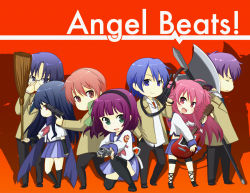 Rule 34 | 10s, 3girls, 4boys, angel beats!, ankle lace-up, axe, blazer, broom, chibi, courreges ace, cross-laced footwear, face, guitar, gun, halberd, hinata hideki, instrument, jacket, multiple boys, multiple girls, noda (angel beats!), otonashi yuzuru, polearm, rifle, school uniform, serafuku, shiina (angel beats!), takamatsu, weapon, yui (angel beats!), nakamura yuri