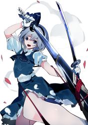 Rule 34 | 1girl, blue eyes, blue hair, blue vest, commentary request, gloves, highres, hitodama, holding, holding sword, holding weapon, ikurauni, konpaku youmu, looking at viewer, open mouth, shirt, short hair, short sleeves, solo, sword, touhou, vest, weapon, white gloves, white shirt