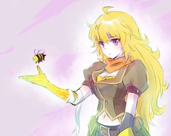 Rule 34 | 1girl, adventure time, animal, bandages, bee, blonde hair, breasts, breezy, bug, crossover, iesupa, bug, long hair, prosthesis, prosthetic arm, purple eyes, rwby, solo, spoilers, yang xiao long