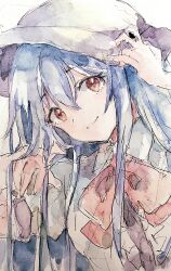 Rule 34 | 1girl, absurdres, blue hair, bow, bowtie, center frills, closed mouth, commentary, frills, hand in own hair, hand on headwear, highres, hinanawi tenshi, kamu kotan, long hair, looking at viewer, red bow, red bowtie, red eyes, short sleeves, simple background, smile, solo, touhou, upper body, white background, white headwear