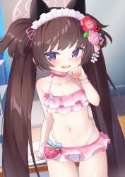 Rule 34 | 1girl, animal ears, bare arms, bare shoulders, bikini, blue archive, brown hair, choker, collarbone, commentary request, flower, hair flower, hair ornament, halo, highleg, highleg bikini, highres, kokone (coconeeeco), layered bikini, long hair, looking at viewer, maid headdress, navel, open mouth, pink bikini, pink choker, pink flower, purple eyes, red flower, shizuko (blue archive), shizuko (swimsuit) (blue archive), solo, swimsuit, twintails, two side up, very long hair