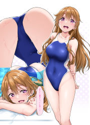 Rule 34 | 1girl, ass, blue one-piece swimsuit, breasts, brown hair, cameltoe, collarbone, competition swimsuit, highleg, highleg swimsuit, highres, konoe kanata, large breasts, long hair, love live!, love live! nijigasaki high school idol club, multiple views, one-piece swimsuit, orange hair, pool, poolside, purple eyes, speech bubble, swimsuit, translated, upside-down, water, wavy hair, yopparai oni
