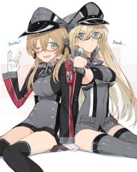 Rule 34 | 10s, 2girls, anchor hair ornament, back-to-back, bare shoulders, bespectacled, bismarck (kancolle), blonde hair, blue eyes, breasts, brown gloves, detached sleeves, german text, glasses, gloves, hair ornament, hat, hayashi kewi, kantai collection, long hair, md5 mismatch, military, military uniform, multiple girls, one eye closed, open mouth, peaked cap, prinz eugen (kancolle), resolution mismatch, salute, sitting, smile, source smaller, thighhighs, twintails, uniform, vulcan salute, white gloves
