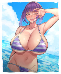 Rule 34 | 1girl, absurdres, beach, bikini, blood hood, breasts, cleavage, commentary, english commentary, highres, huge breasts, in water, looking at viewer, mole, mole under mouth, one eye closed, original, purple hair, red eyes, short hair, swimsuit, twintails, wet