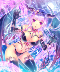 Rule 34 | 1girl, bad id, bad pixiv id, breasts, cleavage, demon horns, demon tail, demon wings, hair ornament, horns, large breasts, long hair, looking at viewer, navel, neme, original, parted lips, purple eyes, purple hair, purple theme, purple thighhighs, shingoku no valhalla gate, solo, tail, thighhighs, wings, zettai ryouiki