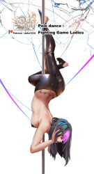 Rule 34 | 1girl, alternate hair color, alternate hair length, alternate hairstyle, ass, back, back tattoo, barefoot, black hair, black nails, black pants, breasts, butt crack, capcom, closed eyes, commentary, english commentary, english text, flat ass, hair down, han juri, hand in own hair, highres, hu dako, lipstick, makeup, medium breasts, medium hair, multicolored hair, nail polish, pants, pantylines, pasties, pink hair, pole, pole dancing, sideboob, solo, stirrup legwear, street fighter, stripper pole, tattoo, tight clothes, tight pants, toeless legwear, toes, topless, tramp stamp, two-tone hair, upside-down