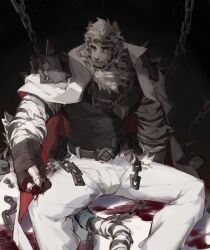 Rule 34 | 1boy, absurdres, animal ears, arknights, bandaged hand, bandages, belt, black belt, black tank top, blood, blood on hands, blue eyes, bulge, chain, chain necklace, chained, clenched hand, facial hair, feet out of frame, furry, furry male, goatee, highres, jacket, jacket on shoulders, jewelry, large hands, large pectorals, looking at viewer, male focus, mingzishenmedoushifuyun34108, mountain (arknights), muscular, muscular male, neck fur, necklace, pants, pectorals, sad, scar, scar across eye, scar on arm, short hair, shoulder spikes, sideburns, sitting, solo, spikes, spread legs, tail, tank top, thick eyebrows, tiger boy, tiger ears, tiger tail, white hair, white jacket, white pants