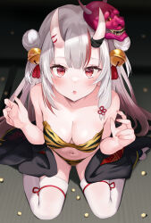 1girl :o animal_print arou_(arrow_x666) bare_arms bare_shoulders bell bra breasts center-flap_bangs cleavage commentary_request double_bun gradient_hair grey_hair hair_bell hair_between_horns hair_bun hair_ornament hands_up highres hololive horns jingle_bell long_hair looking_at_viewer looking_back mask mask_on_head multicolored_hair nakiri_ayame navel oni oni_mask panties print_bra print_panties red_eyes red_hair sitting skin-covered_horns streaked_hair tabi tassel tassel_hair_ornament thighhighs tiger_print two_side_up underwear unworn_kimono virtual_youtuber wariza white_thighhighs