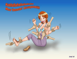 Rule 34 | 1girl, bikini, bikini top only, breasts, closed eyes, feet, female focus, tickling feet, gradient background, laughing, nami (one piece), one piece, open mouth, orange hair, sandals, sitting, soles, solo, swimsuit, tickle torture, tickling, toes