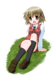 Rule 34 | 00s, 1girl, :d, bad id, bad pixiv id, brown eyes, brown hair, female focus, full body, hidamari sketch, kneehighs, loafers, looking at viewer, on grass, open mouth, school uniform, shoes, sitting, smile, socks, solo, umekichi, white background, yamabuki high school uniform, yuno (hidamari sketch)