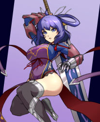 Rule 34 | 1girl, ao no kiseki, blue eyes, breasts, chinese clothes, eiyuu densetsu, gauntlets, highres, holding, holding sword, holding weapon, huge weapon, large breasts, looking at viewer, mary janes, purple hair, rixia mao, shoes, solo, spottylen, sword, thighhighs, weapon, zero no kiseki