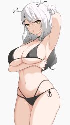 Rule 34 | 1girl, alternate hairstyle, arm up, armpits, ass, bare shoulders, bikini, black hair, breast hold, breasts, ceres fauna, collarbone, goth fashion, highres, hololive, hololive english, large breasts, looking at viewer, md5 mismatch, midriff, stomach, swimsuit, thighs, virtual youtuber, white hair, yellow eyes, zeropen
