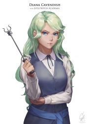 Rule 34 | 10s, 1girl, black light, blue eyes, blue ribbon, breasts, character name, closed mouth, collared shirt, copyright name, cowboy shot, diana cavendish, dress shirt, english text, green hair, head tilt, holding, holding wand, little witch academia, long hair, long sleeves, looking at viewer, neck ribbon, ribbon, school uniform, shirt, signature, simple background, sketch, solo, swept bangs, very long hair, wand, white background, wing collar