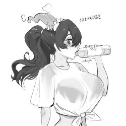 Rule 34 | 1girl, absurdres, alternate hairstyle, black hair, blush, bottle, breasts, drinking, filia (skullgirls), greyscale, highres, large breasts, long hair, monochrome, navel, ponytail, prehensile hair, samson (skullgirls), see-through, see-through shirt, skullgirls, solo, sweat, tongue, tongue out, uchujin 416, upper body, water bottle