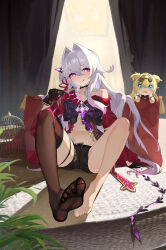 Rule 34 | 1girl, absurdres, birdcage, black gloves, black shorts, brown thighhighs, cage, closed eyes, doll, full body, gloves, highres, holding, holding scissors, honkai (series), honkai impact 3rd, jacket, long hair, looking at viewer, nail polish, navel, pillow, pink eyes, red jacket, scissors, shadow, shorts, single thighhigh, sitting, smile, soles, solo, songque (honkai impact), stomach, thelema (honkai impact), thighhighs, toenail polish, toenails, toes, tongue, tongue out, very long hair, whip, white hair, yuan zhen (user pnhx4422)