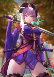 Rule 34 | 1girl, bangosu, blue eyes, blush, breasts, collarbone, detached sleeves, earrings, fate/grand order, fate (series), forest, gluteal fold, hair ornament, highres, japanese clothes, jewelry, katana, kimono, large breasts, looking at viewer, midriff, miyamoto musashi (fate), miyamoto musashi (third ascension) (fate), nature, navel, over shoulder, panties, pantyshot, pink hair, ponytail, sash, short kimono, smile, solo, sword, sword over shoulder, thighhighs, underwear, weapon, weapon bag, weapon over shoulder, white panties
