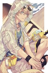 Rule 34 | 1boy, animal ears, arknights, beach, belt pouch, black footwear, black wristband, blonde hair, blue eyes, blue shirt, chimi (s8s8 bb), closed mouth, commentary request, dog boy, dog ears, dog tail, eyewear on head, grey shorts, hands on lap, highres, hood, hood up, hooded jacket, jacket, jewelry, crossed legs, looking at viewer, male focus, necklace, open clothes, open jacket, pouch, sandals, shirt, short hair, short sleeves, shorts, sitting, smile, solo, sunglasses, tail, tequila (arknights), white jacket, wristband