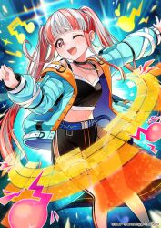 Rule 34 | 1girl, aqua jacket, bang dream!, black choker, blunt bangs, choker, earrings, highres, instrument, jacket, jewelry, keyboard (instrument), long hair, long sleeves, looking at viewer, multicolored hair, narita tamezou, navel, necklace, nyubara reona, off shoulder, official art, one eye closed, open mouth, red eyes, red hair, twintails, two-tone hair, white hair