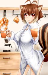 Rule 34 | 1girl, animal ears, antenna hair, blazblue, blush, breasts, brown hair, bursting breasts, chukachuka, coffee, coffee cup, coffee pot, cowboy shot, cup, disposable cup, highres, hot drink, large breasts, long sleeves, looking at viewer, makoto nanaya, multicolored hair, naked shirt, orange eyes, shirt, short hair, smile, solo, squirrel ears, squirrel tail, steam, tail, two-tone hair, unbuttoned, unbuttoned shirt, white shirt