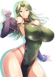 Rule 34 | 1girl, bare shoulders, breasts, covered erect nipples, green eyes, green hair, haganef, huge breasts, lamia loveless, long hair, looking at viewer, smile, solo, standing, super robot wars, wide hips
