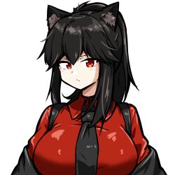 Rule 34 | 1girl, absurdres, animal ear fluff, animal ears, arknights, black hair, black necktie, black outline, breasts, closed mouth, collared shirt, commentary request, expressionless, highres, large breasts, looking at viewer, medium hair, necktie, off shoulder, official alternate costume, outline, ponytail, red eyes, red shirt, shirt, sidelocks, simple background, solo, split mouth, texas (arknights), texas (willpower) (arknights), upper body, white background, wolf ears, wolf girl, xibu cai