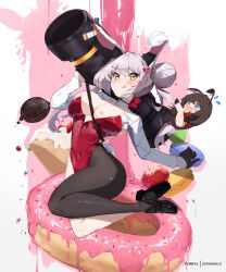 Rule 34 | 2girls, animal ears, asymmetrical legwear, barcode, belorta (nikke), black pantyhose, breasts, brown hair, card, chocolate, fake animal ears, fake tail, food, fruit, goddess of victory: nikke, grey hair, heart, highres, large breasts, leotard, long hair, looking at viewer, multiple girls, pantyhose, playboy bunny, rabbit ears, rabbit tail, rocket launcher, short hair, sonaworld, strawberry, sweets, tail, tongue, tongue out, weapon