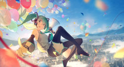 Rule 34 | 1girl, 39, aircraft, aqua eyes, aqua hair, aqua necktie, balloon, bare shoulders, black skirt, black sleeves, black thighhighs, blue sky, bracelet, cable, city, cityscape, commentary, confetti, detached sleeves, floating, foreshortening, from side, grey shirt, hair ornament, hanamoto410, hatsune miku, headphones, headset, highres, holding, holding megaphone, hot air balloon, index finger raised, jewelry, long hair, looking to the side, megaphone, miniskirt, mountainous horizon, necktie, outdoors, pleated skirt, shirt, sideways glance, skirt, sky, sleeveless, sleeveless shirt, smile, solo, symbol-only commentary, thighhighs, twintails, very long hair, vocaloid, zettai ryouiki