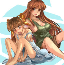 Rule 34 | 1boy, 1girl, bare legs, barefoot, blush, breasts, brother and sister, brown eyes, brown hair, crossdressing, dress, embarrassed, large breasts, long hair, open mouth, original, short hair, shorts, siblings, sitting, sketch, suoni (deeperocean)