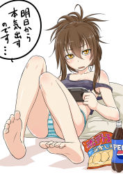 Rule 34 | 10s, 1girl, bare legs, bare shoulders, barefoot, body blush, brown eyes, brown hair, chips (food), feet, folded ponytail, food, full body, handheld game console, highres, inazuma (kancolle), kantai collection, looking at viewer, messy hair, mujuuryoku kantai, off shoulder, open mouth, panties, pepsi, pillow, playing games, playstation vita, solo, striped clothes, striped panties, tank top, translated, underwear, underwear only, white background