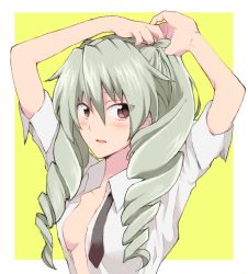 Rule 34 | 10s, 1girl, adjusting hair, anchovy (girls und panzer), arms up, black necktie, blush, breasts, brown eyes, commentary request, dress shirt, drill hair, girls und panzer, green hair, long hair, looking at viewer, moekichi, necktie, no bra, open clothes, open mouth, open shirt, outside border, shirt, sideboob, sleeves rolled up, small breasts, solo, twin drills, twintails, undone necktie, upper body, white shirt, wing collar, yellow background