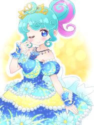 Rule 34 | 1girl, blue dress, blue eyes, blue flower, blue hair, blush, closed mouth, commentary request, crescent, detached sleeves, dress, flower, hair bun, hand up, highres, ikzw, jewelry, looking at viewer, multicolored hair, necklace, one eye closed, pink hair, pinon (pripara), pretty series, pripara, puffy detached sleeves, puffy sleeves, sidelocks, single side bun, smile, solo, standing, streaked hair, tiara, wrist cuffs