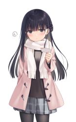 Rule 34 | 1girl, arm at side, black eyes, black hair, black pantyhose, black shirt, blush, braid, closed mouth, coat, commentary request, cowboy shot, duffel coat, hand up, highres, holding, long hair, looking at viewer, na-ga, open clothes, open coat, original, pantyhose, pink coat, plaid, plaid skirt, pleated skirt, scarf, shirt, simple background, skirt, speech bubble, standing, translation request, white background, white scarf