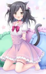 Rule 34 | 1girl, :d, animal collar, animal ear fluff, animal ears, barefoot, bell, black hair, blush, bow, breasts, brown eyes, cat ears, cat girl, cat hair ornament, cat tail, collar, corset, extra ears, frilled skirt, frills, hair bow, hair ornament, highres, kneeling, korie riko, looking at viewer, medium hair, neck bell, open mouth, original, pink sailor collar, pink skirt, puffy short sleeves, puffy sleeves, sailor collar, short sleeves, skirt, small breasts, smile, solo, tail, thigh strap