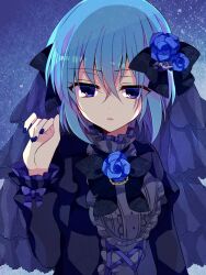Rule 34 | 1girl, alternate costume, black bow, black bowtie, black dress, black veil, blue background, blue eyes, blue flower, blue hair, blue nails, blue rose, bluestar iz, bow, bowtie, claire elford, cross-laced clothes, crossed bangs, dress, flower, flower brooch, frilled dress, frilled shirt collar, frilled sleeves, frills, hair between eyes, hair bow, hair flower, hair ornament, hand up, highres, juliet sleeves, long sleeves, looking at viewer, nail polish, parted lips, puffy sleeves, rose, short hair, simple background, solo, upper body, veil, witch&#039;s heart