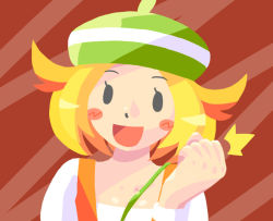 Rule 34 | 1girl, :d, bianca (pokemon), blonde hair, blush stickers, brown background, clenched hand, commentary request, creatures (company), face, game freak, green headwear, happy, looking at viewer, nintendo, open mouth, pokemon, pokemon bw, smile, star (symbol), toge nbo