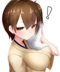 Rule 34 | !, 10s, 1girl, boruhis, breasts, brown eyes, brown hair, hair between eyes, japanese clothes, kaga (kancolle), kantai collection, large breasts, short hair, side ponytail, simple background, solo, sweat, towel, white background, wide sleeves