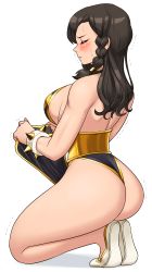 Rule 34 | 1girl, ass, blush, bracelet, braid, breasts, brown hair, capcom, china dress, chinese clothes, chun-li, closed eyes, closed mouth, clothes lift, dress, from side, highres, jewelry, kneeling, long hair, official alternate costume, pelvic curtain, pelvic curtain lift, revealing clothes, shigenobu, sideboob, solo, spiked bracelet, spikes, street fighter, sweat, thick thighs, thighs, thong, wedgie, white background, white footwear