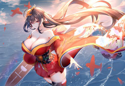 Rule 34 | 1girl, ahoge, azur lane, bare shoulders, black hair, black thighhighs, breasts, chixiao, cleavage, cloud, cloudy sky, collarbone, commentary, cowboy shot, crossed bangs, dusk, feather-trimmed sleeves, flight deck, floating hair, hair between eyes, hair ornament, hair ribbon, highres, huge breasts, japanese clothes, kimono, long hair, long sleeves, looking at viewer, mask, mask on head, obi, ocean, off shoulder, outdoors, parted lips, red eyes, red kimono, red ribbon, ribbon, sash, short kimono, sidelocks, skindentation, sky, smile, solo, standing, standing on liquid, sunlight, taihou (azur lane), thighhighs, twintails, very long hair, wide sleeves, zettai ryouiki