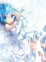 Rule 34 | 1girl, :o, arm up, black choker, blue eyes, blue hair, blush, choker, commentary request, detached sleeves, dress, feathers, hair between eyes, hand up, head wings, highres, kohaku muro, long sleeves, original, parted lips, snowflakes, solo, strapless, strapless dress, white dress, white feathers, white sleeves, white wings, wings