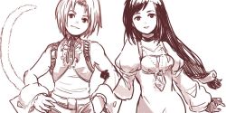 Rule 34 | 1boy, 1girl, bodysuit, breasts, closed mouth, final fantasy, final fantasy ix, garnet til alexandros xvii, gloves, jewelry, long hair, looking at viewer, ma-hain-scarlet, monochrome, necklace, simple background, smile, tail, white background, zidane tribal