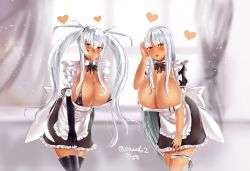 Rule 34 | 2girls, alabama (azur lane), apron, areola slip, azur lane, bad anatomy, bikini, bikini top only, black bikini, black gloves, black legwear, blunt bangs, blurry, blurry background, blush, body markings, breasts, cleavage, closed mouth, collarbone, commentary request, covered erect nipples, dark-skinned female, dark skin, dated, detached collar, dress, elbow gloves, facial mark, frilled apron, frills, gloves, hair between eyes, heart, highres, huge breasts, indoors, leaning forward, long hair, looking at viewer, maid, maid apron, massachusetts (azur lane), multiple girls, native american, open mouth, paundo2, puffy short sleeves, puffy sleeves, red eyes, short sleeves, sidelocks, silver hair, swimsuit, thigh strap, thighhighs, twintails, twitter username, very long hair, waist apron, white apron, window