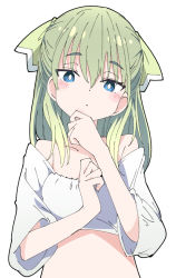 Rule 34 | 1girl, bare shoulders, blouse, blue eyes, bright pupils, collarbone, copyright request, green hair, green ribbon, hair between eyes, hair ribbon, ixy, long hair, looking at viewer, ribbon, shirt, simple background, solo, upper body, white background, white pupils, white shirt