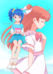 Rule 34 | 2girls, blue hair, blue shirt, blue skirt, blue sky, bow, bowtie, casual, closed eyes, closed mouth, cloud, cloudy sky, commentary request, cut bangs, dress, envelope, from side, hair bun, hair ribbon, hand on own chest, highres, hirogaru sky! precure, holding, holding envelope, invisible chair, kyanos (b 0000ff), letter, long hair, medium hair, miniskirt, multiple girls, nijigaoka mashiro, partial commentary, pink hair, pleated skirt, precure, red bow, red bowtie, ribbon, shirt, shoes, short sleeves, side ponytail, single hair bun, single sidelock, sitting, skirt, sky, smile, sneakers, socks, sora harewataru, standing, white dress, white footwear, white ribbon, white socks, yellow ribbon