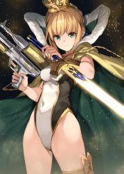 Rule 34 | 1girl, ahoge, artoria pendragon (all), artoria pendragon (fate), artoria pendragon (swimsuit archer) (fate), blonde hair, braid, cape, covered navel, crown, excalibur (fate/stay night), expressionless, fate (series), french braid, glowing, glowing sword, glowing weapon, green eyes, gun, highleg, highleg swimsuit, holding, holding gun, holding sword, holding weapon, leg ribbon, parsley-f, ribbon, saber (fate), swimsuit, sword, thigh ribbon, water gun, weapon