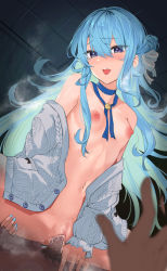 Rule 34 | 1boy, 1girl, bad id, bad pixiv id, blue eyes, blue hair, blue nails, blush, breasts, cardigan, censored, choker, cowgirl position, hair between eyes, hair ribbon, hcz n, hololive, hoshimachi suisei, hoshimachi suisei (school uniform), lace, lace choker, light blue ribbon, long hair, looking at viewer, mosaic censoring, nail polish, naked cardigan, neck ribbon, nipples, open cardigan, open clothes, open mouth, ribbon, sex, sidelocks, small breasts, star (symbol), star in eye, straddling, symbol in eye, virtual youtuber
